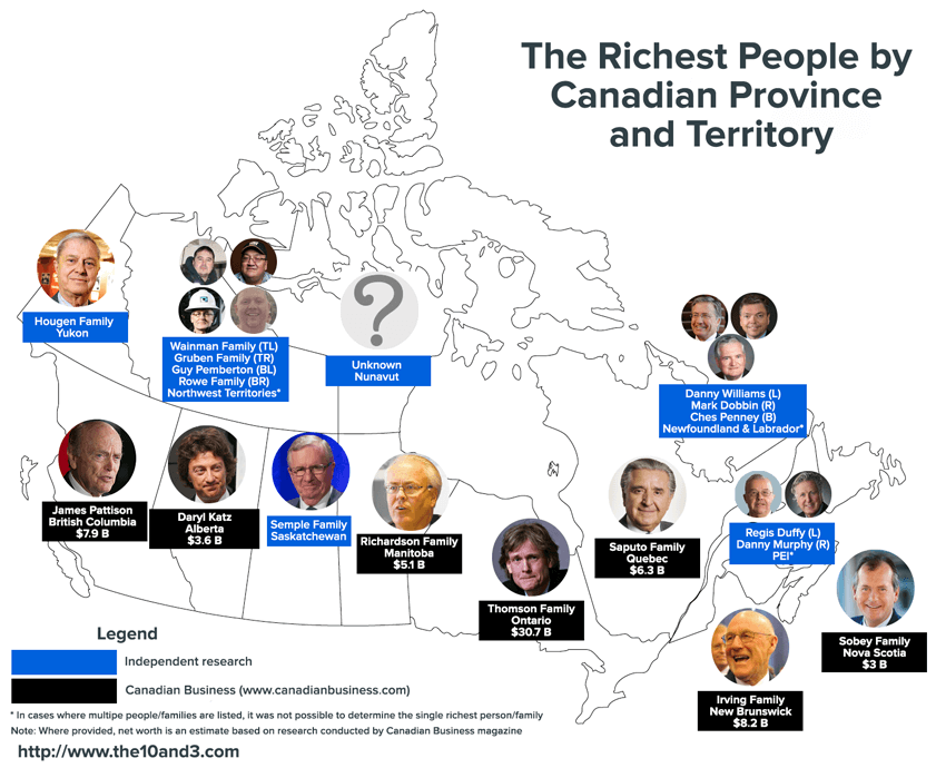 Who is the Wealthiest Person in Each Province and Territory of Canada